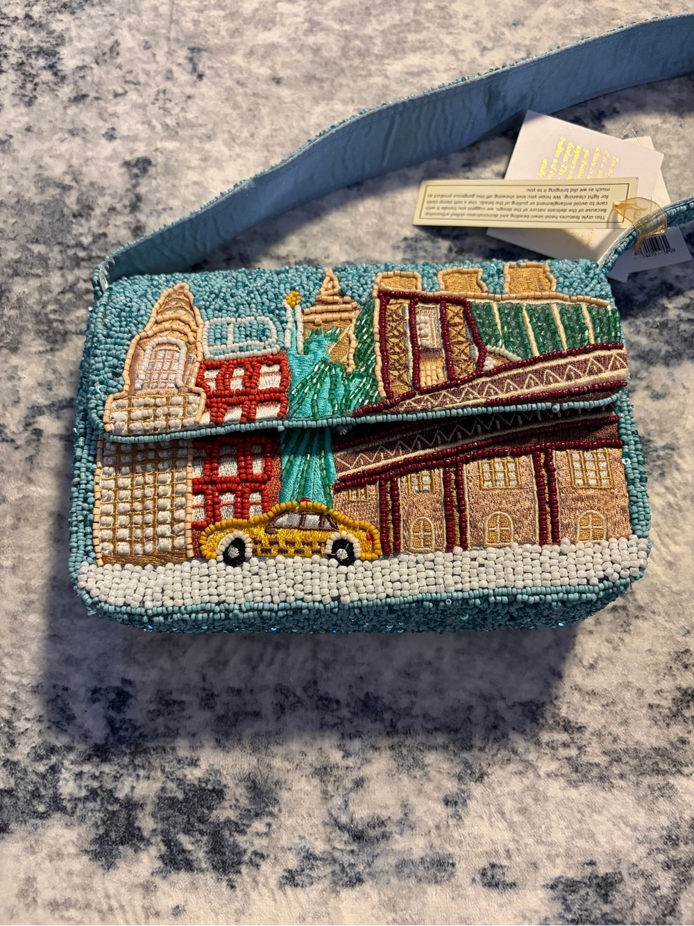 Viral Hand-Beaded Cityscape Crossbody Bag in Teal NYC